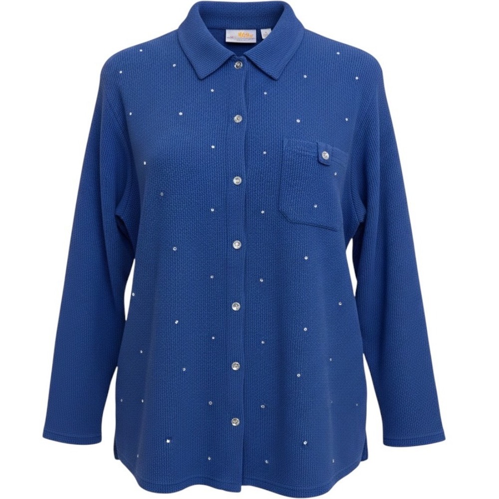 Quacker Factory Womens Blue Waffle Knit Rhinestone Button Front Shirt L Y2K